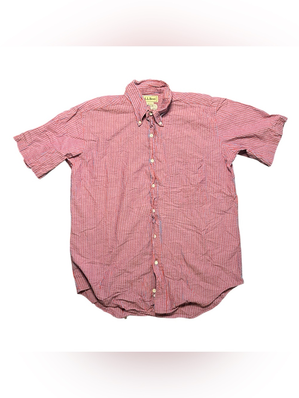 Vintage LL Bean Mens Seersucker Shirt Size M Red Blue Striped Short Sleeve Down